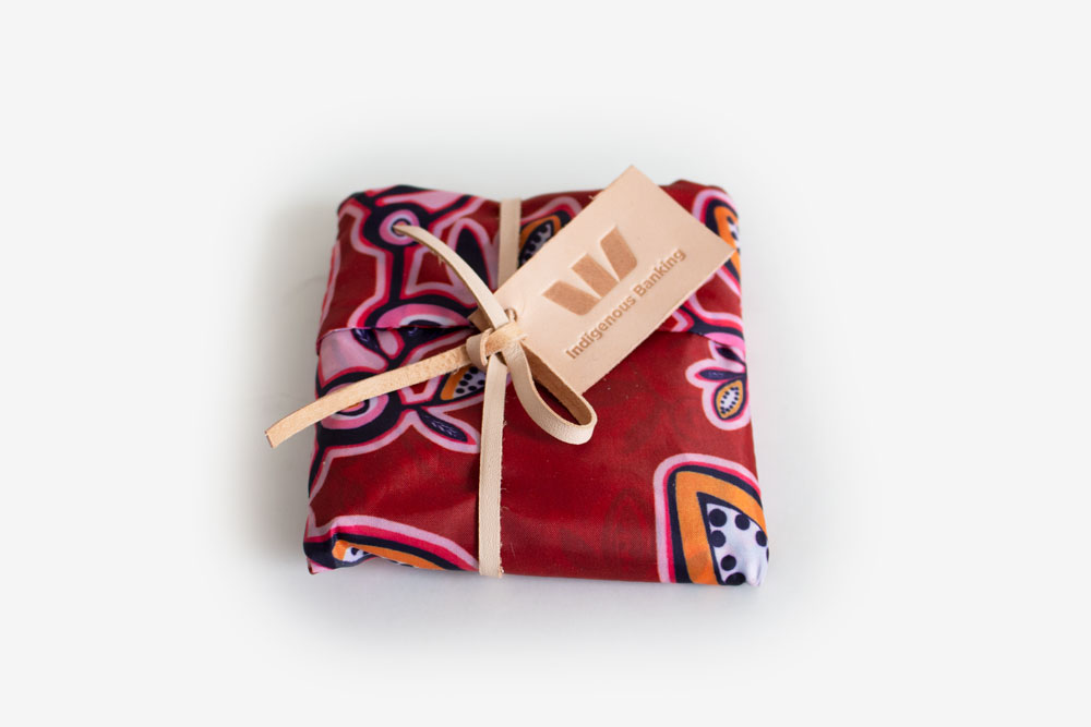 Westpac Indigenous banking reusable shopping bag in collaboration with Cheryl Moggs red