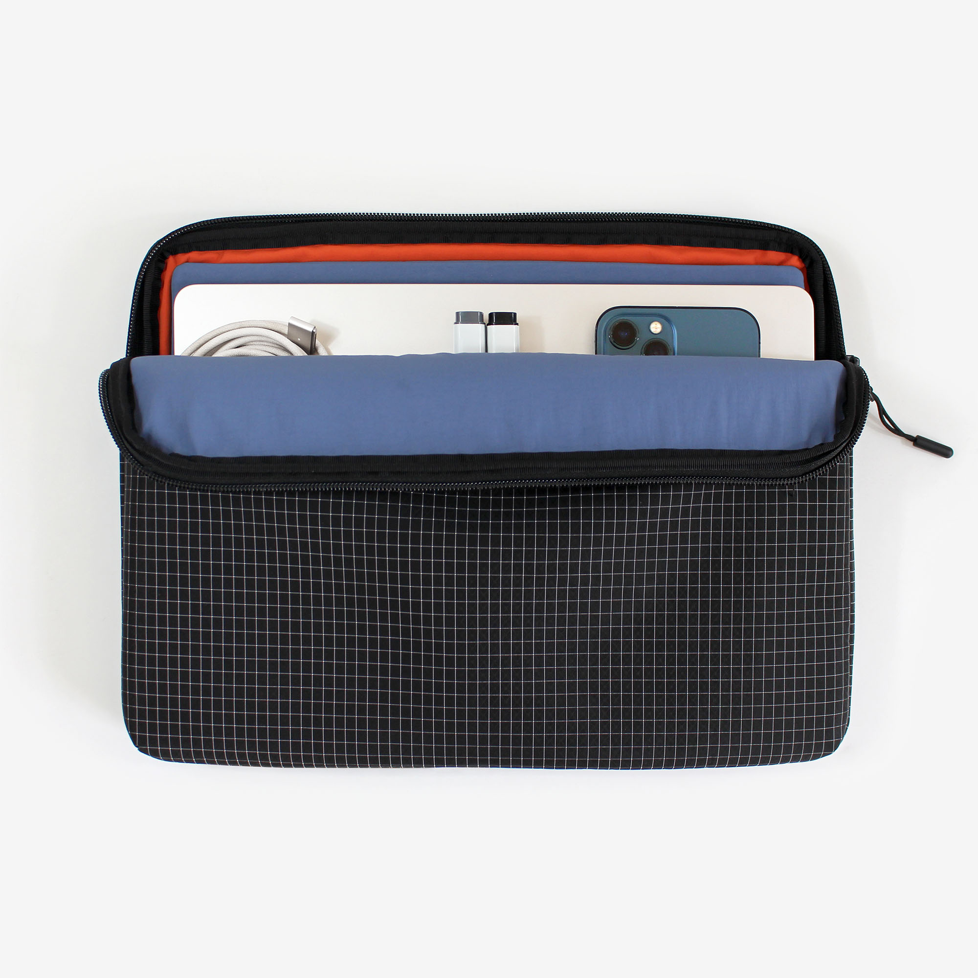 Grid Laptop Sleeve internal pockets and recycled nylon lining