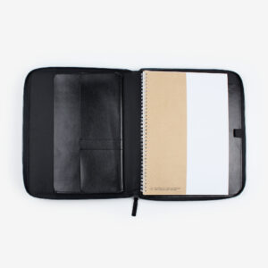 Open black A4 leather compendium with internal pockets and pen loop.