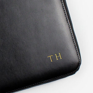 Black A4 leather compendium with gold foil monogramming